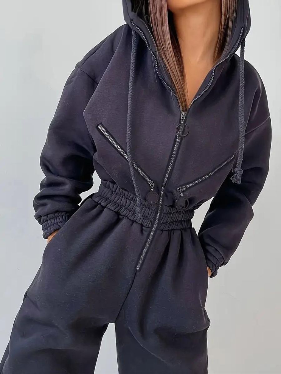 jumpsuit with hood and drawstring