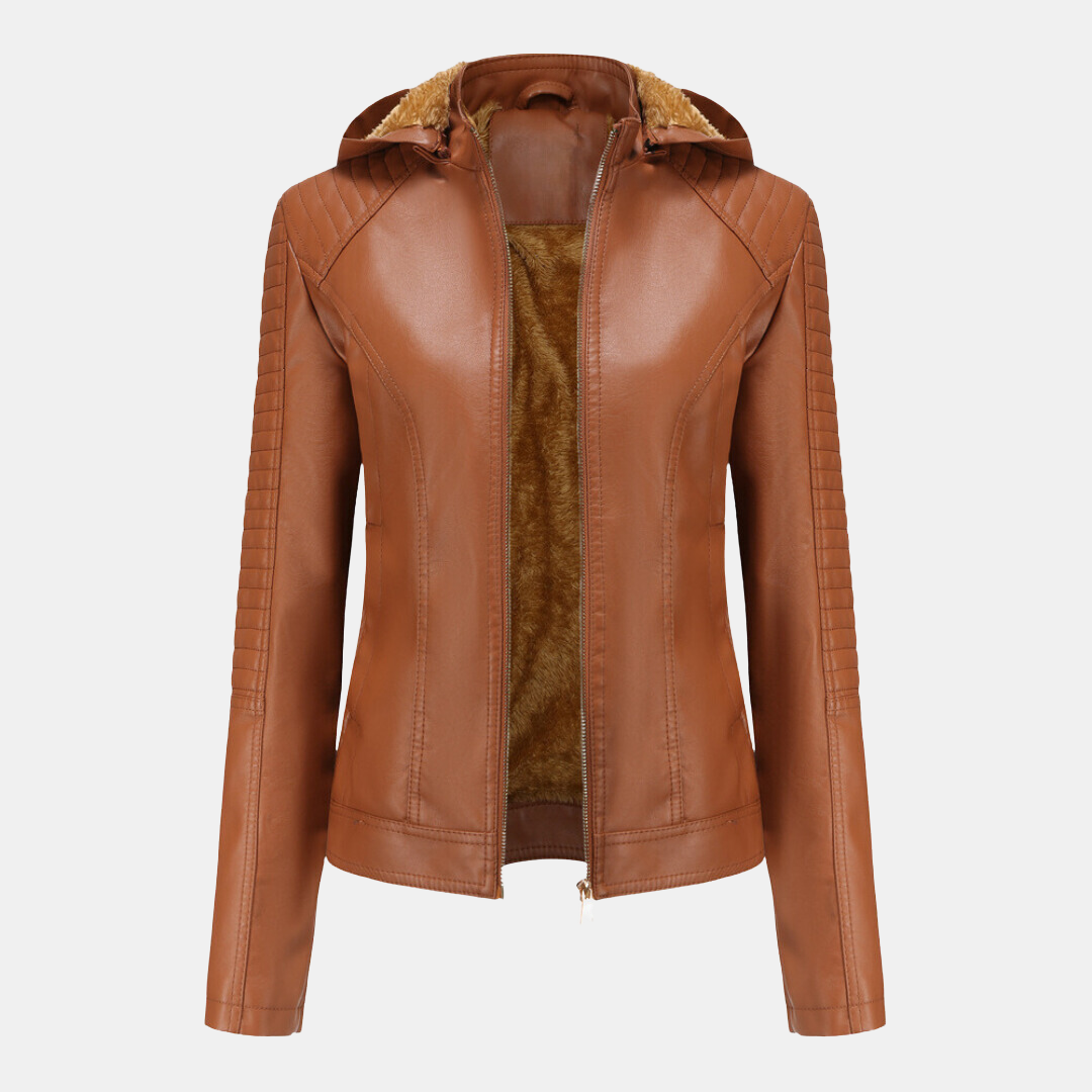 Women's leather jacket with hood