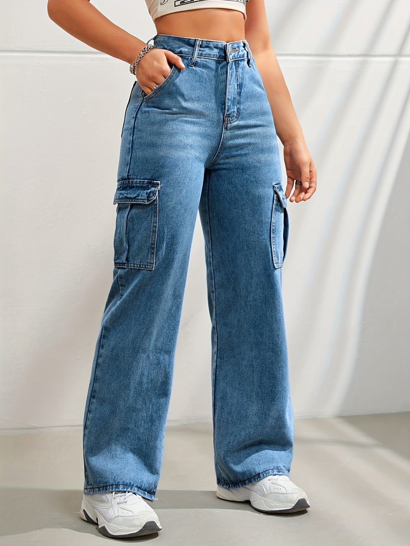 High-waisted denim cargo pants