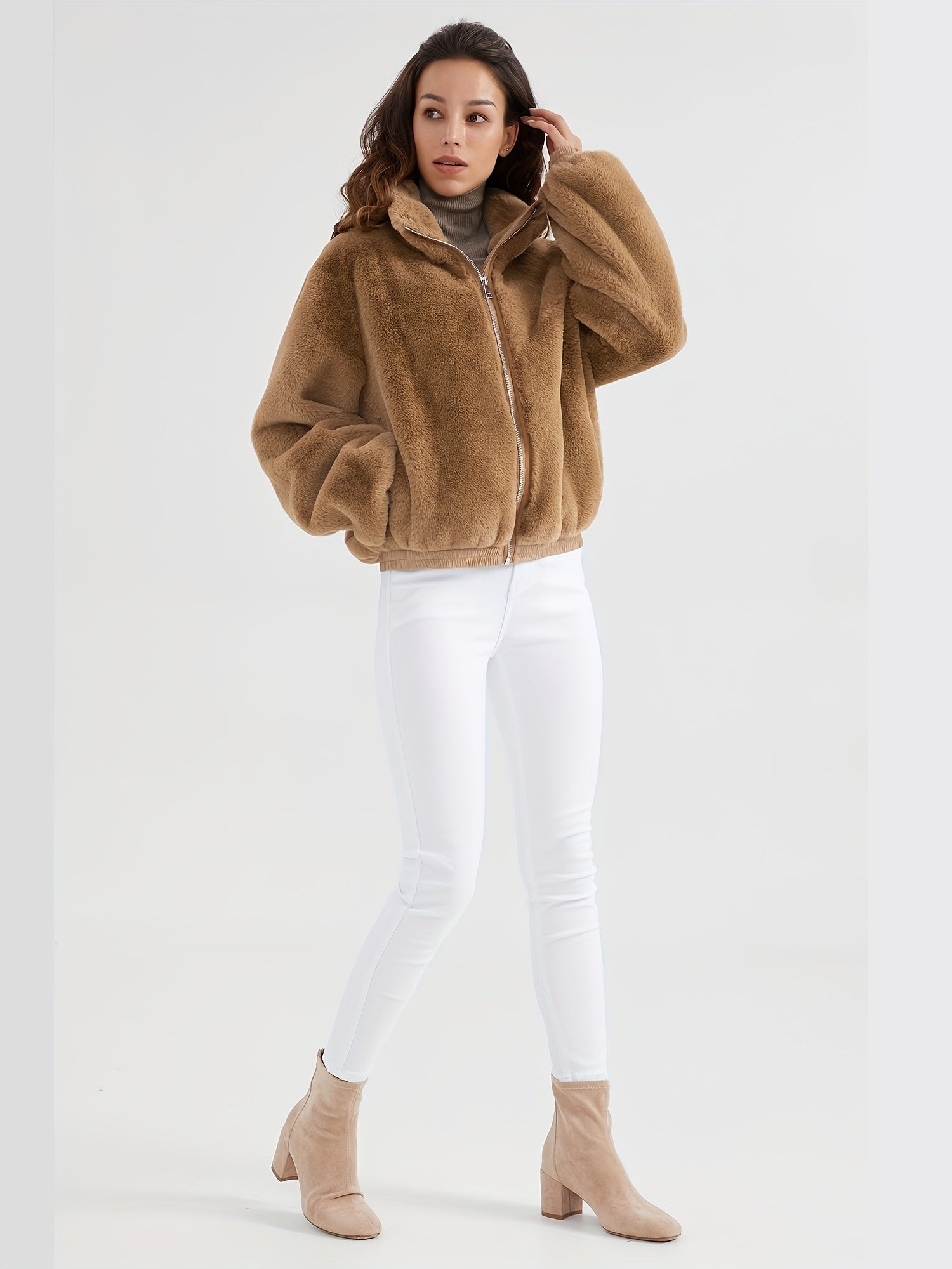 Faux fur jacket with stand-up collar