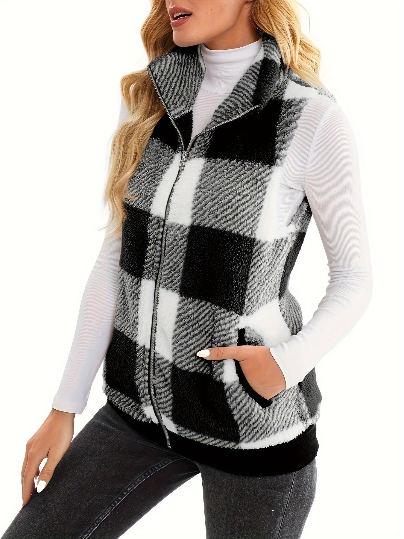 Checked teddy cardigan with stand-up collar