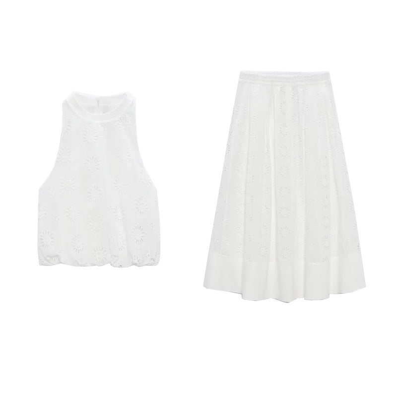 Openwork embroidered white top with skirt