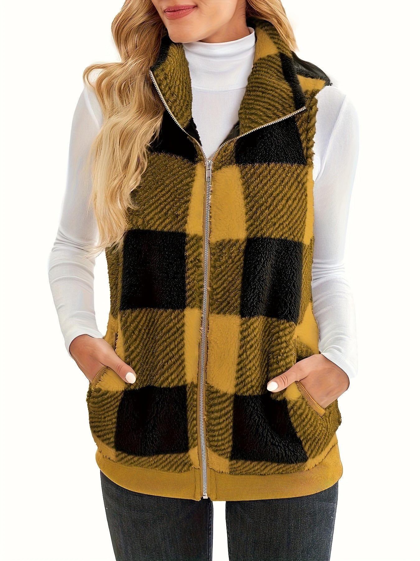 Checked teddy cardigan with stand-up collar