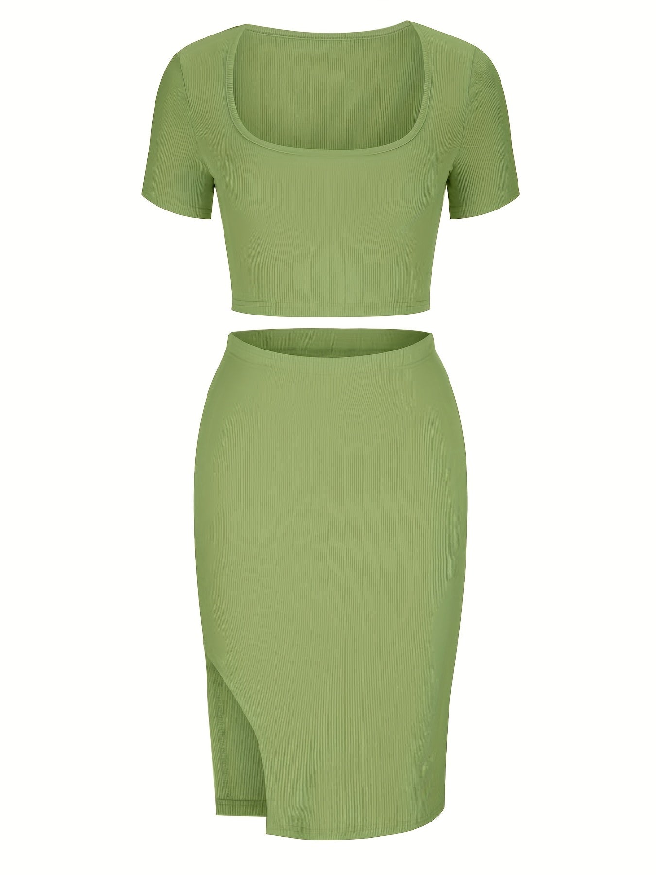 Crop top with square neckline and fitted skirt with slit