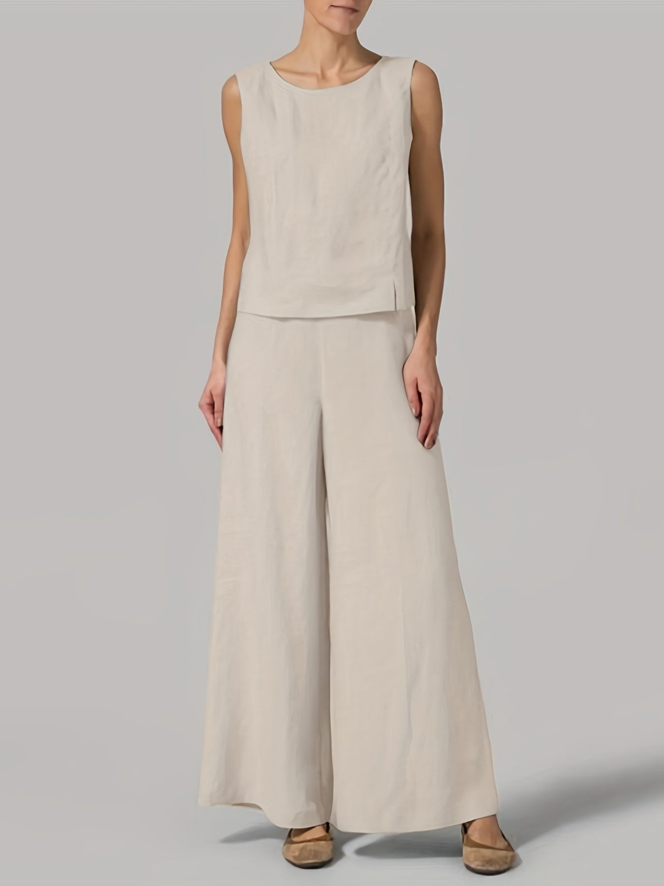 Beige sleeveless tank top and wide leg pants