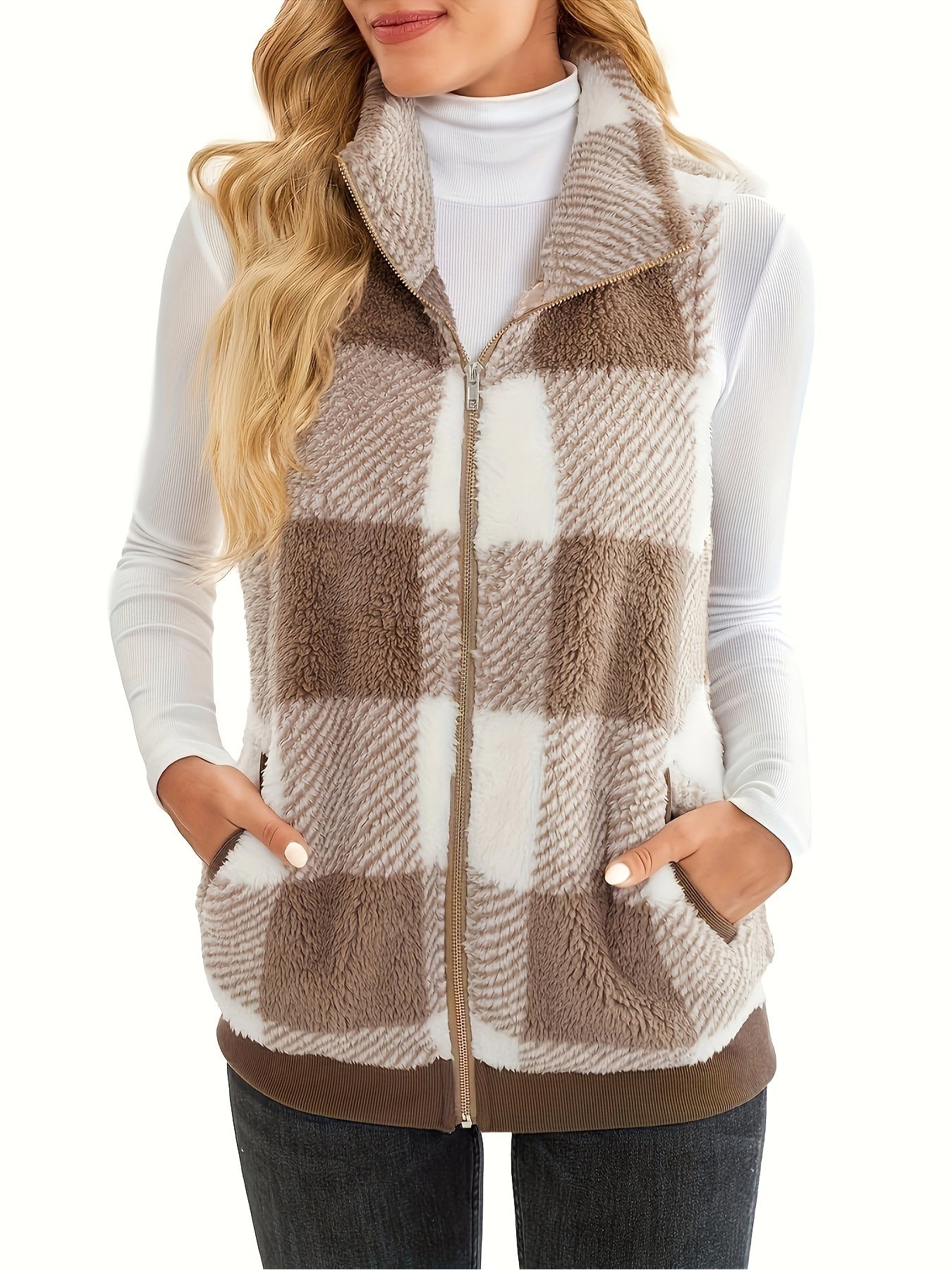 Checked teddy cardigan with stand-up collar