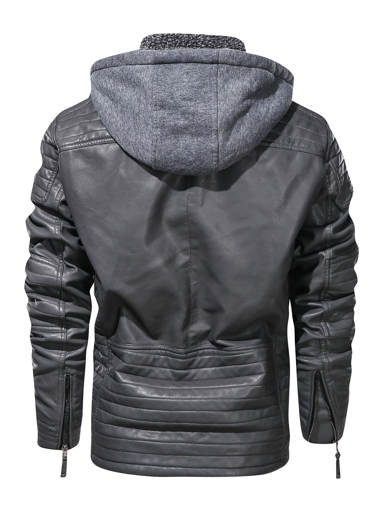 Gray leather biker jacket with hood