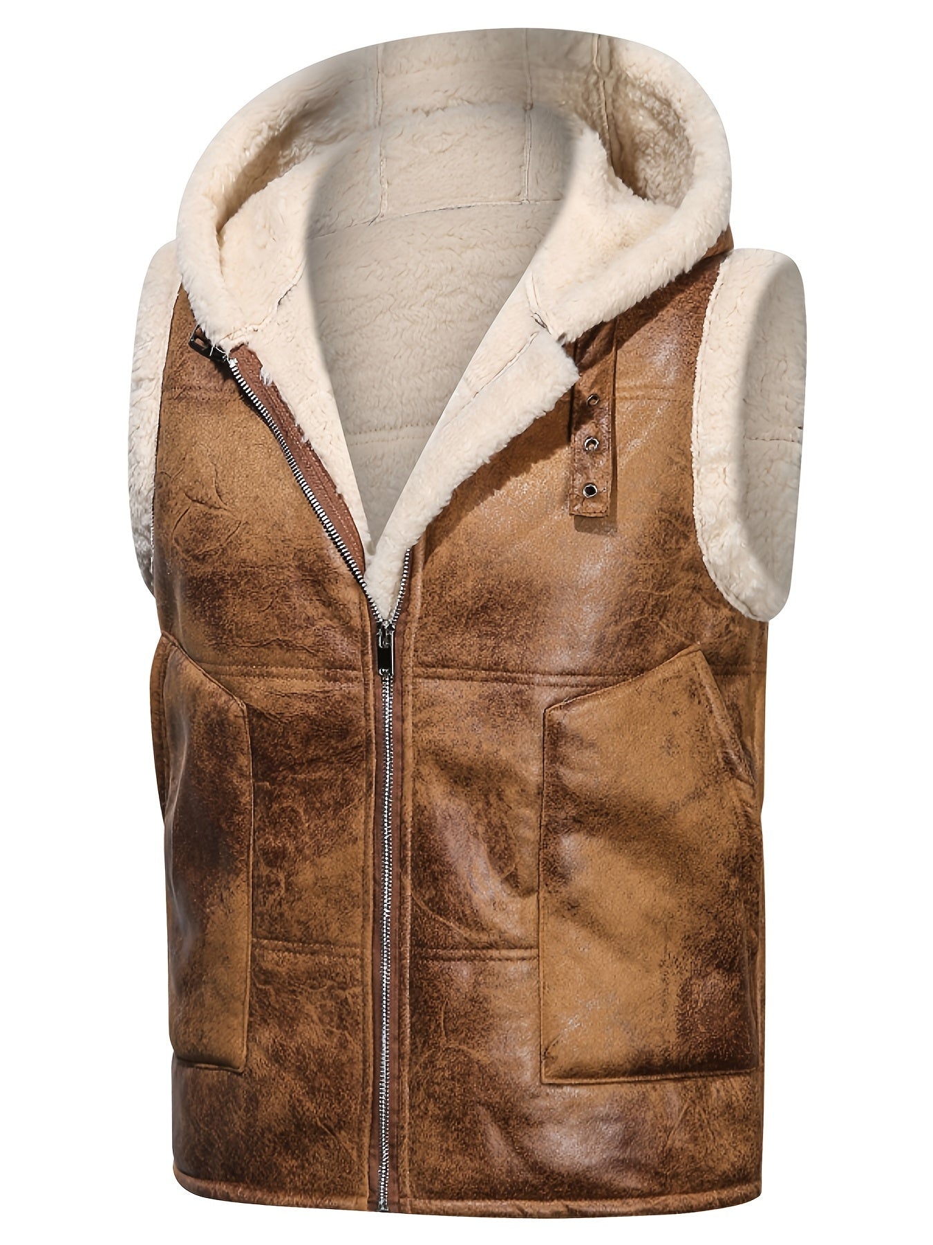 Sleeveless fleece leather jacket with hood