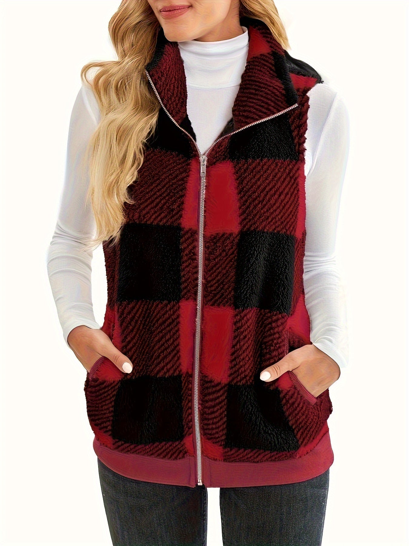 Checked teddy cardigan with stand-up collar