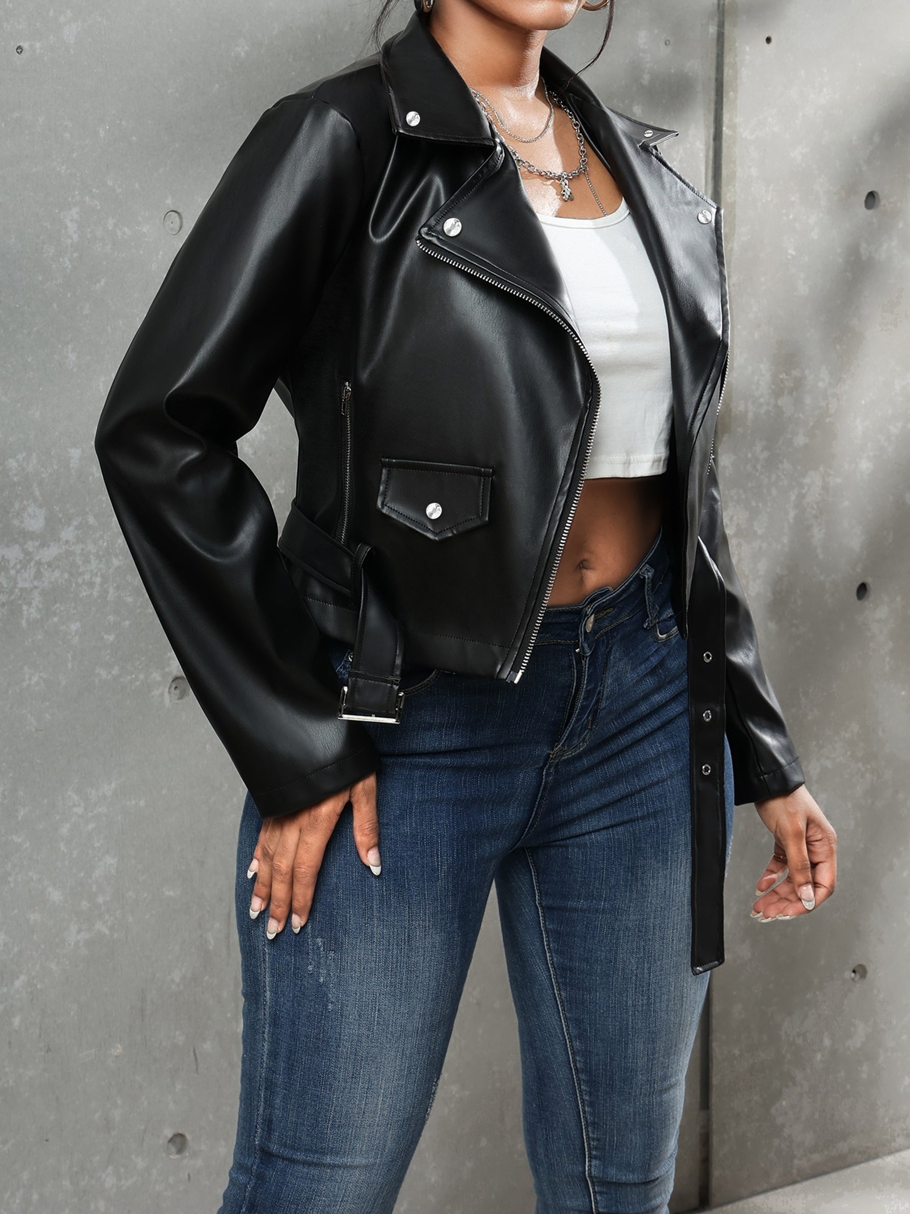 Black leather jacket with belt for women