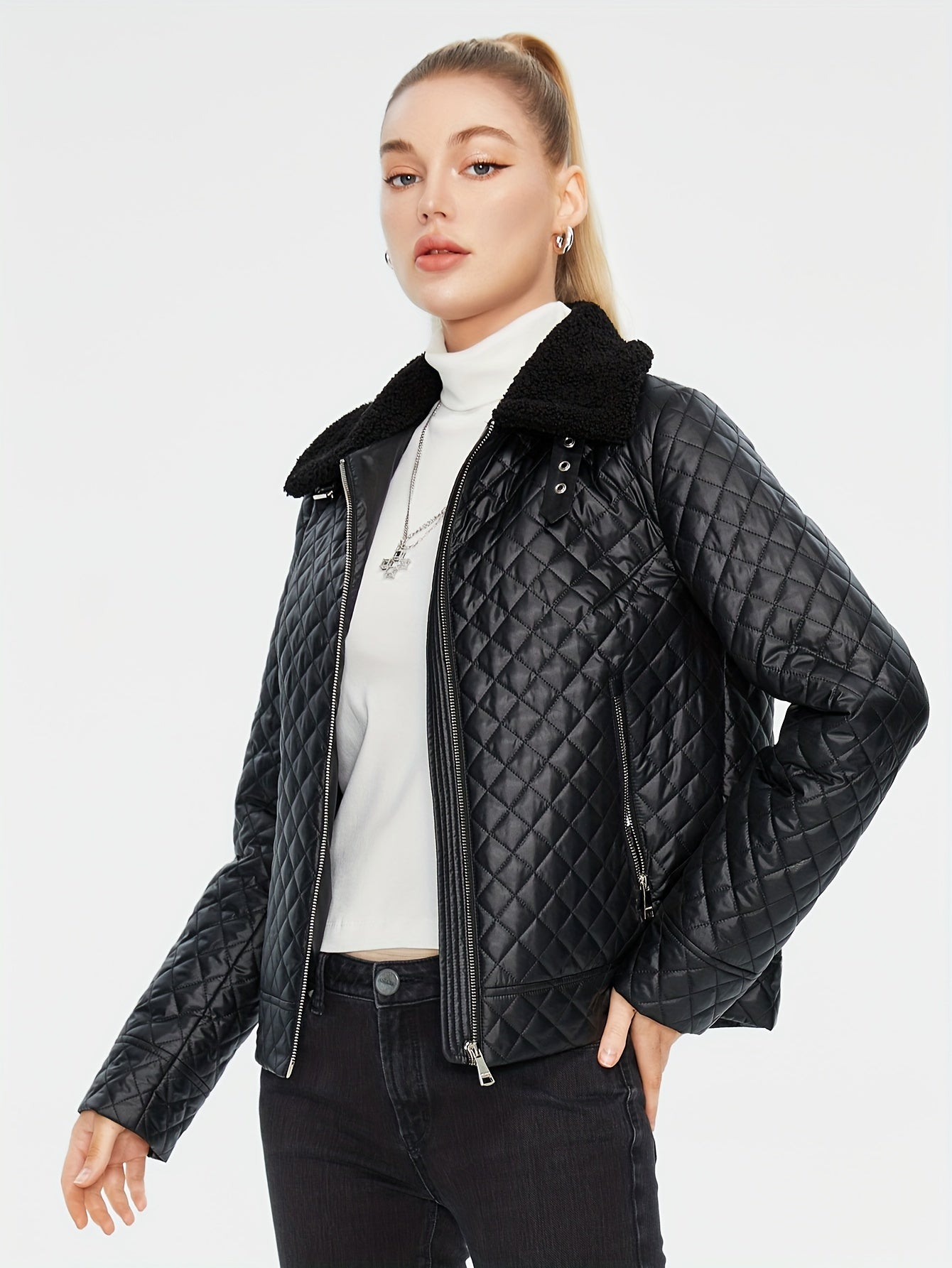 Quilted fluffy jacket with argyle pattern