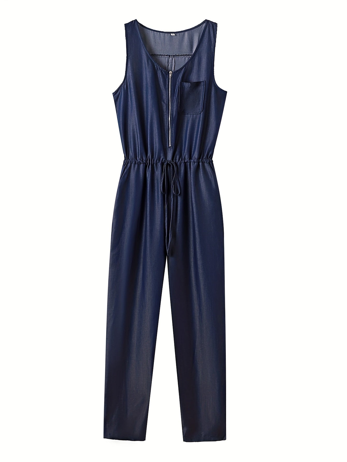 Denim jumpsuit with zipper at the front and waistband