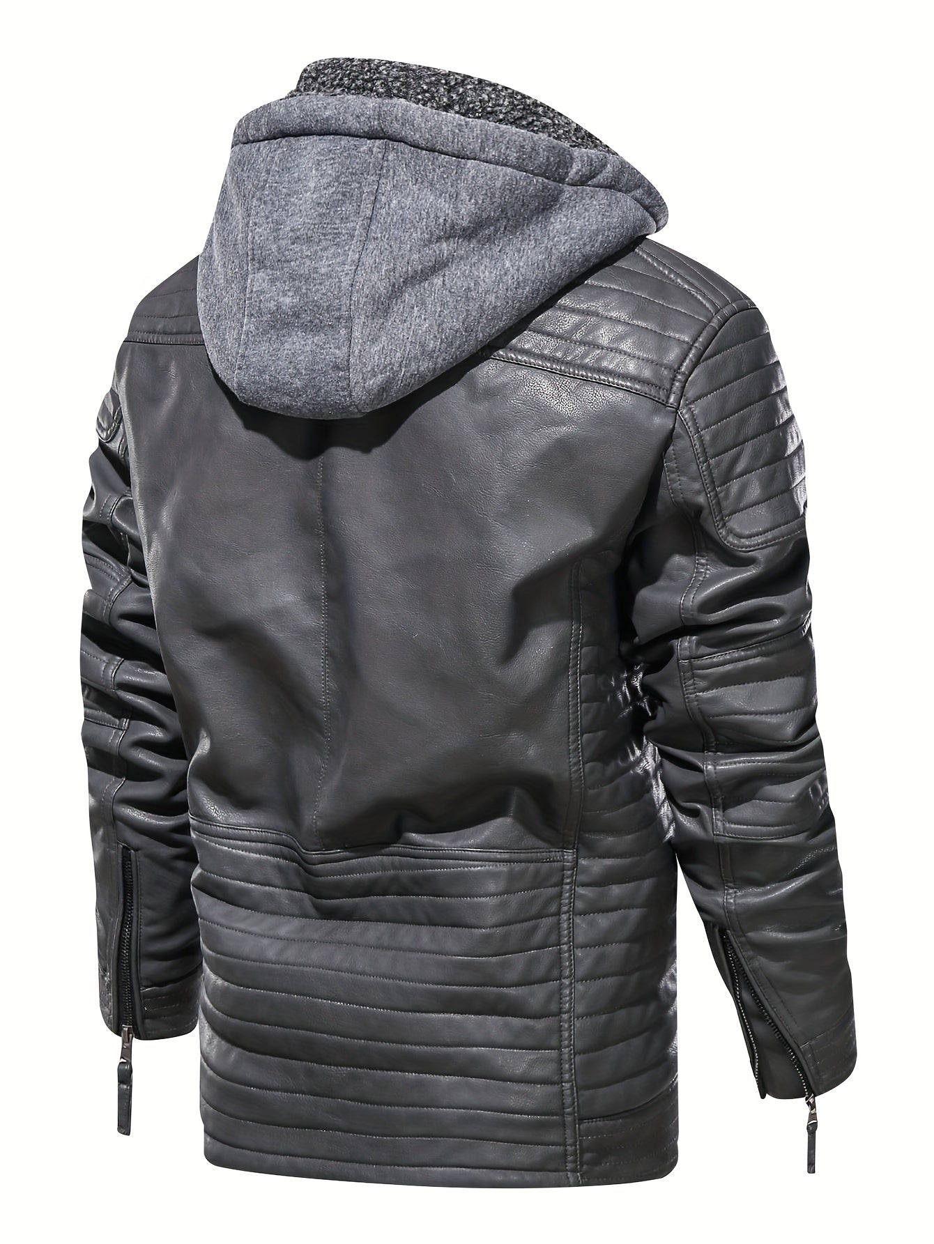 Gray leather biker jacket with hood