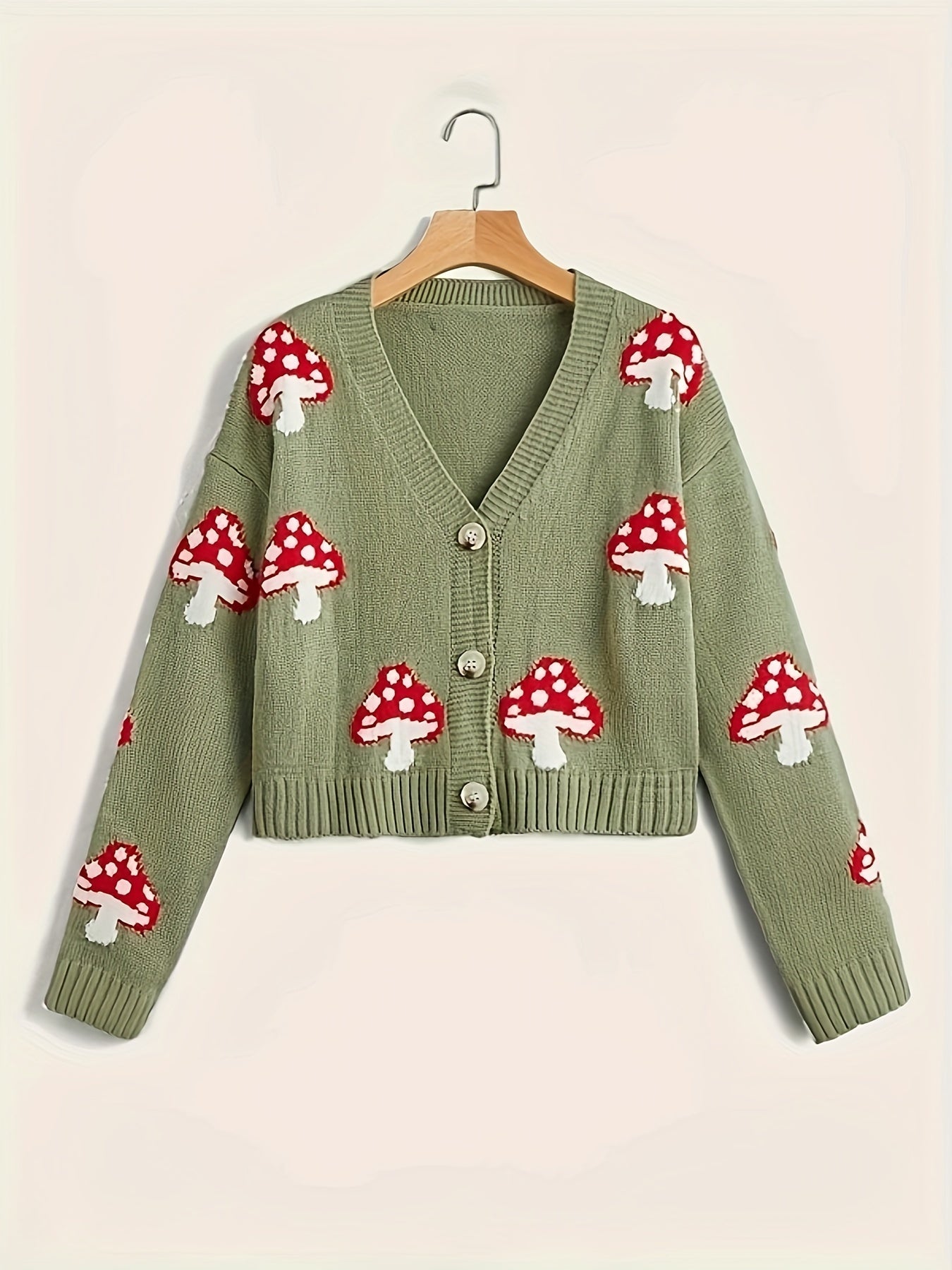 Cardigan with button closure and mushroom pattern