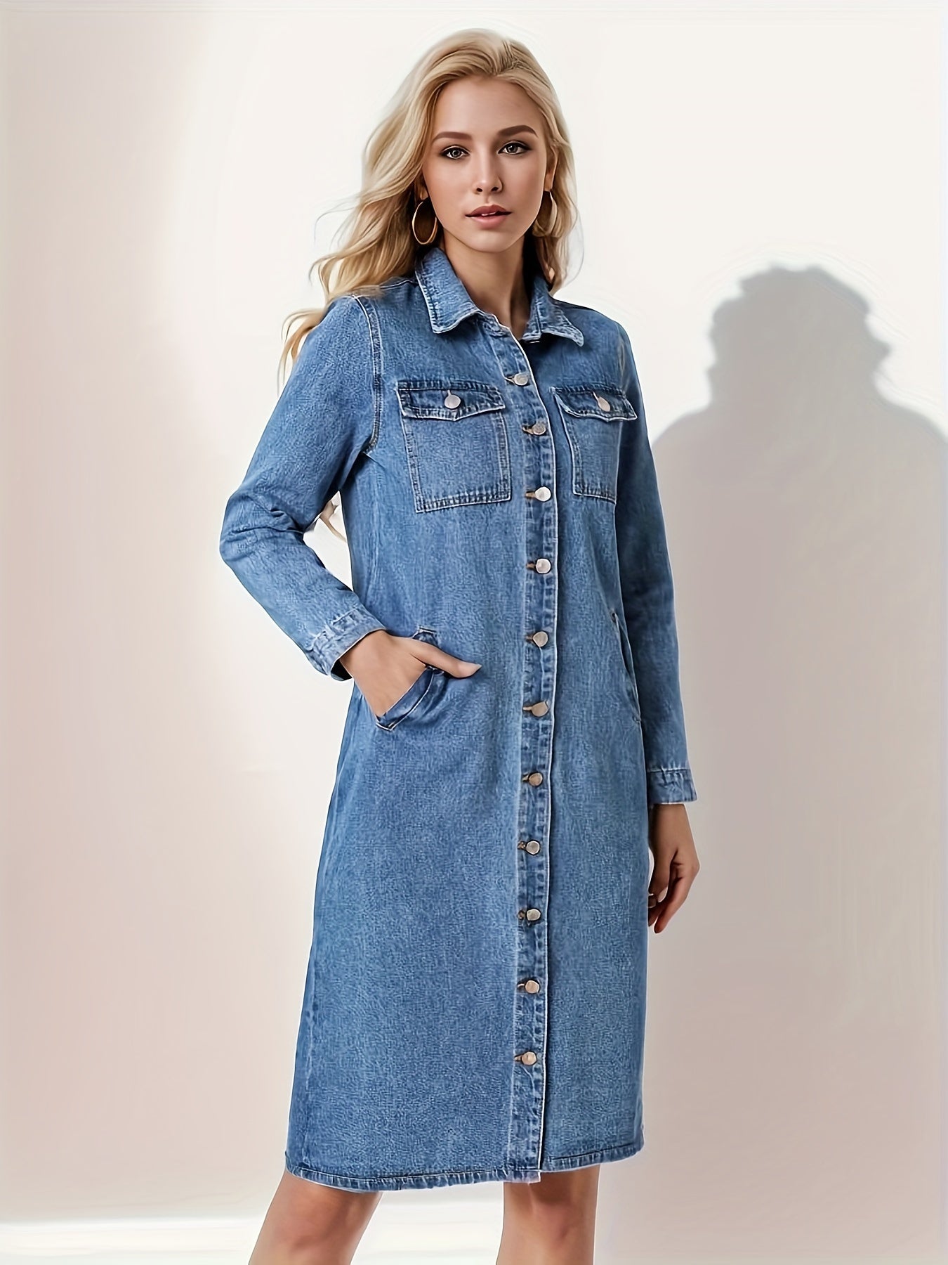 Long denim dress with lapels