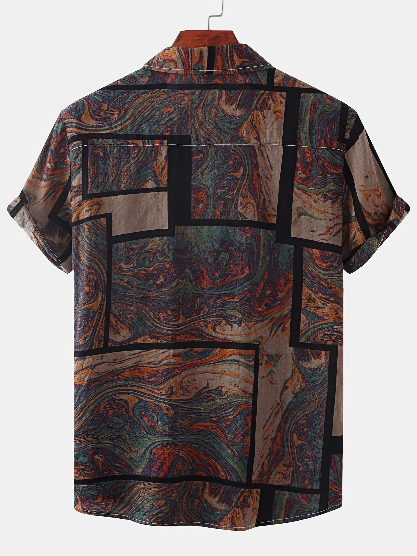 Square graphic cotton shirt with short sleeves for summer