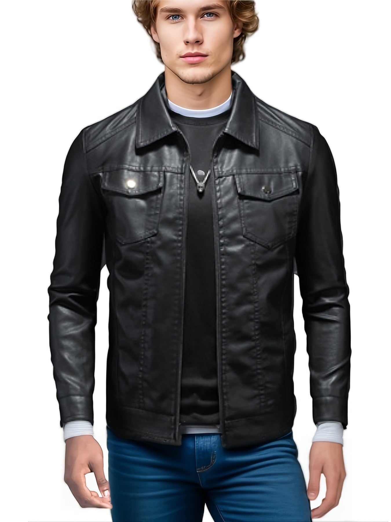 Leather windbreaker simple black jacket with long sleeves and zipper