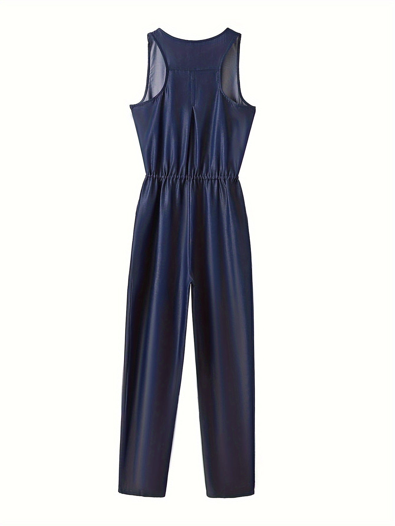 Denim jumpsuit with zipper at the front and waistband