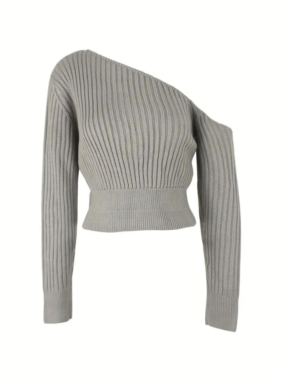 rib knitted sweater with asymmetrical neckline