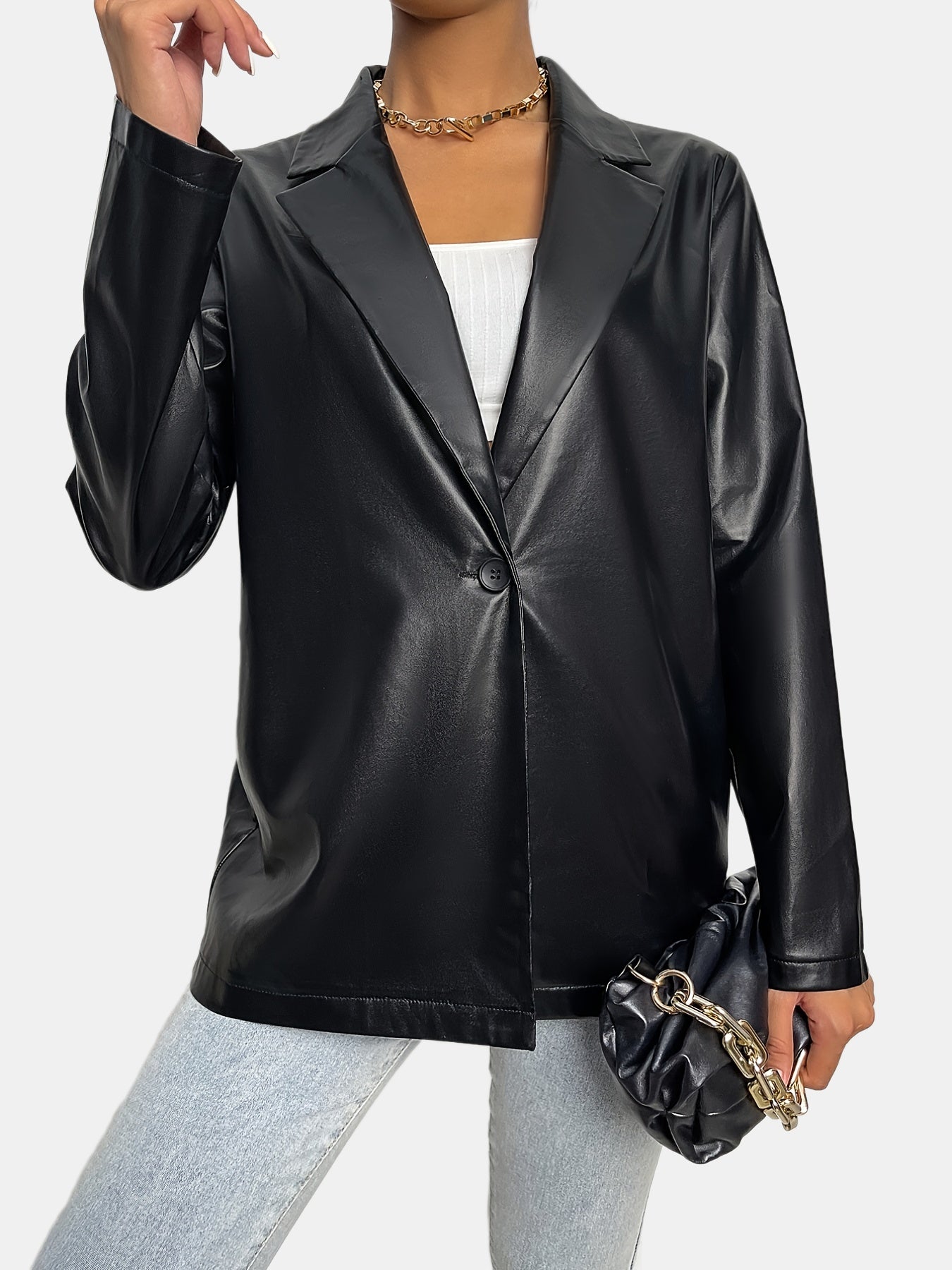 Black faux leather jacket with lapels