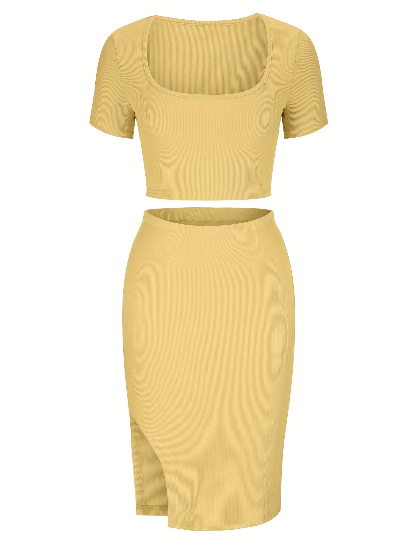 Crop top with square neckline and fitted skirt with slit