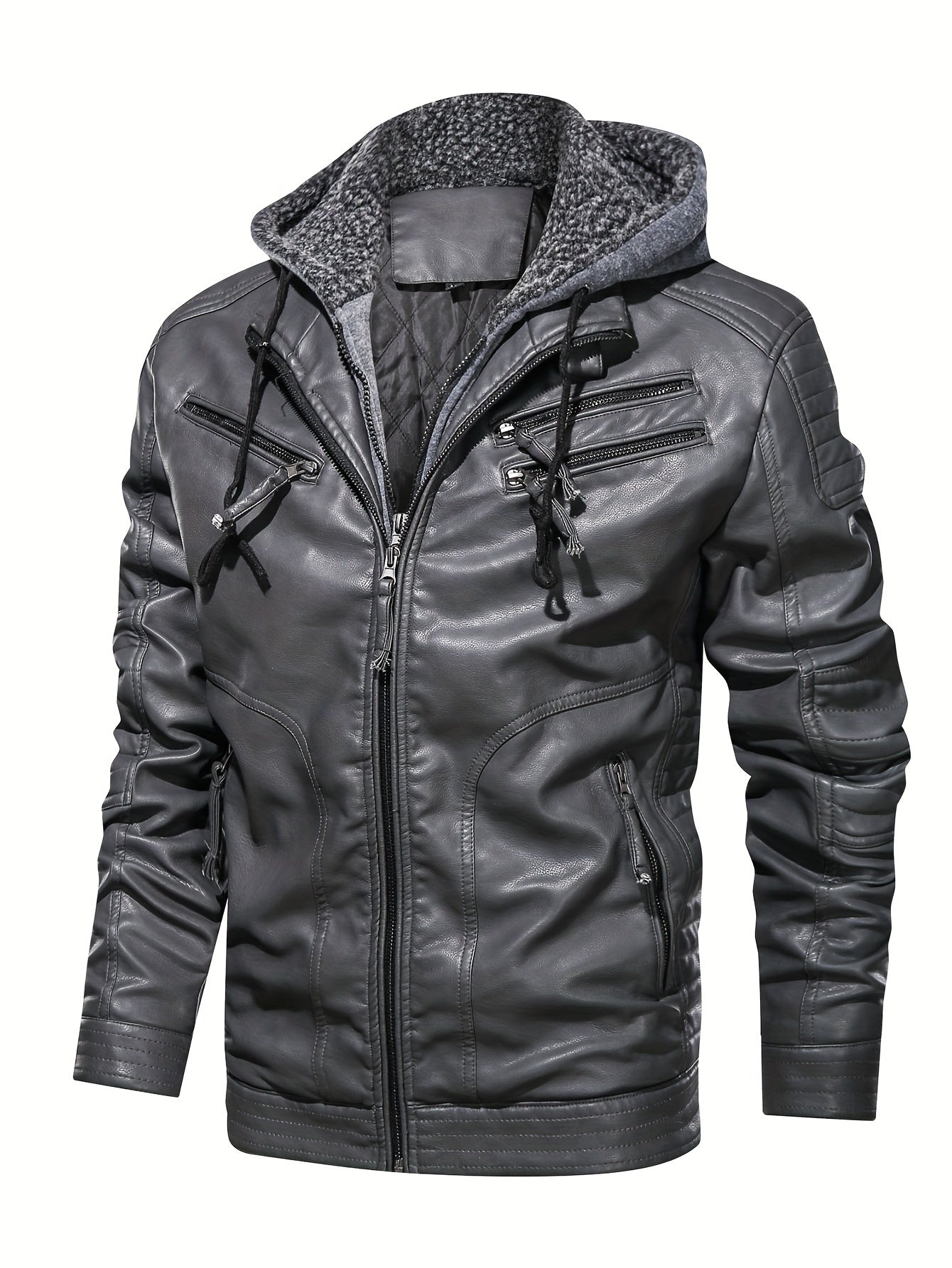 Gray leather biker jacket with hood