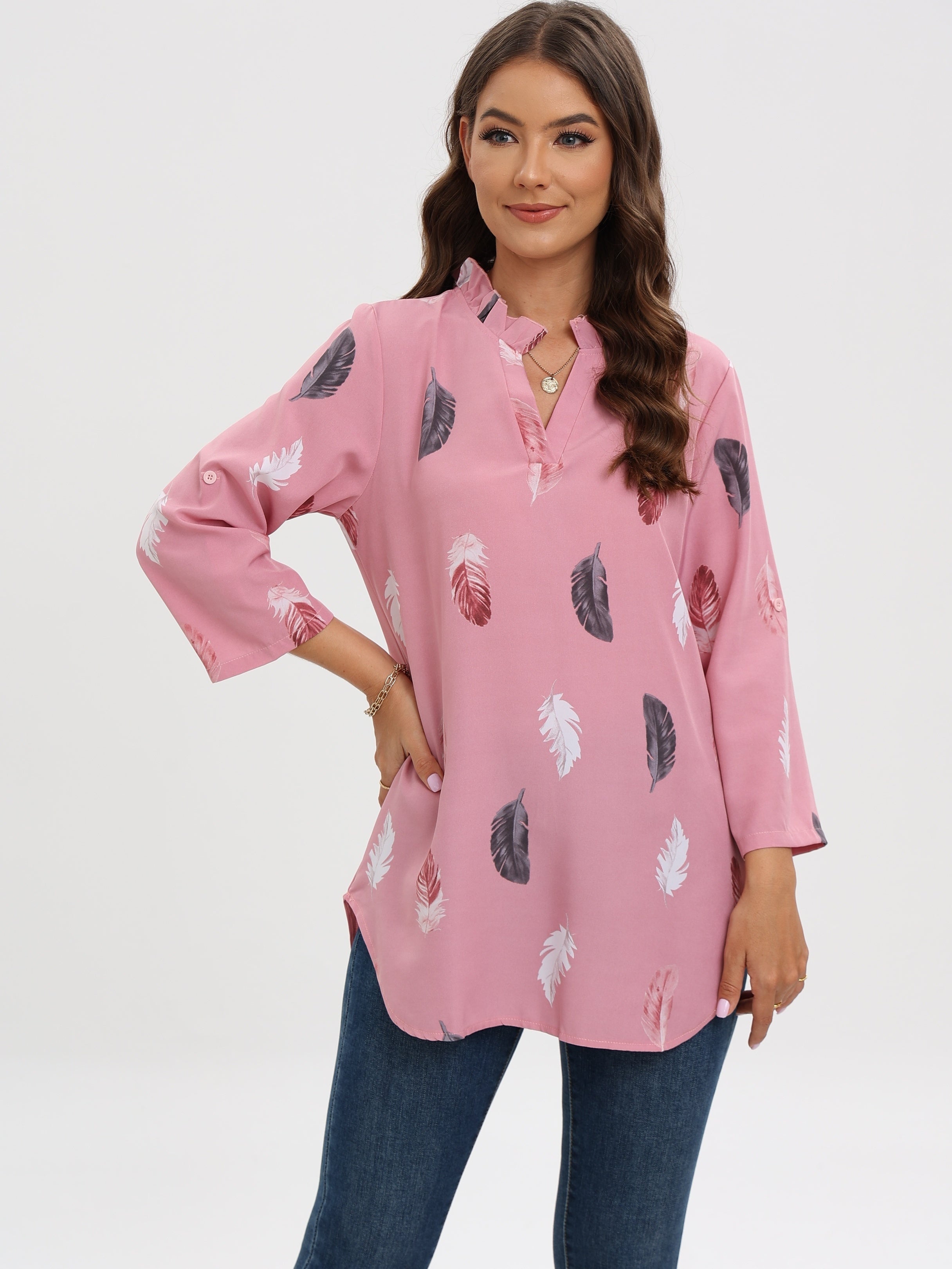 Blouse with notch neck and feather print