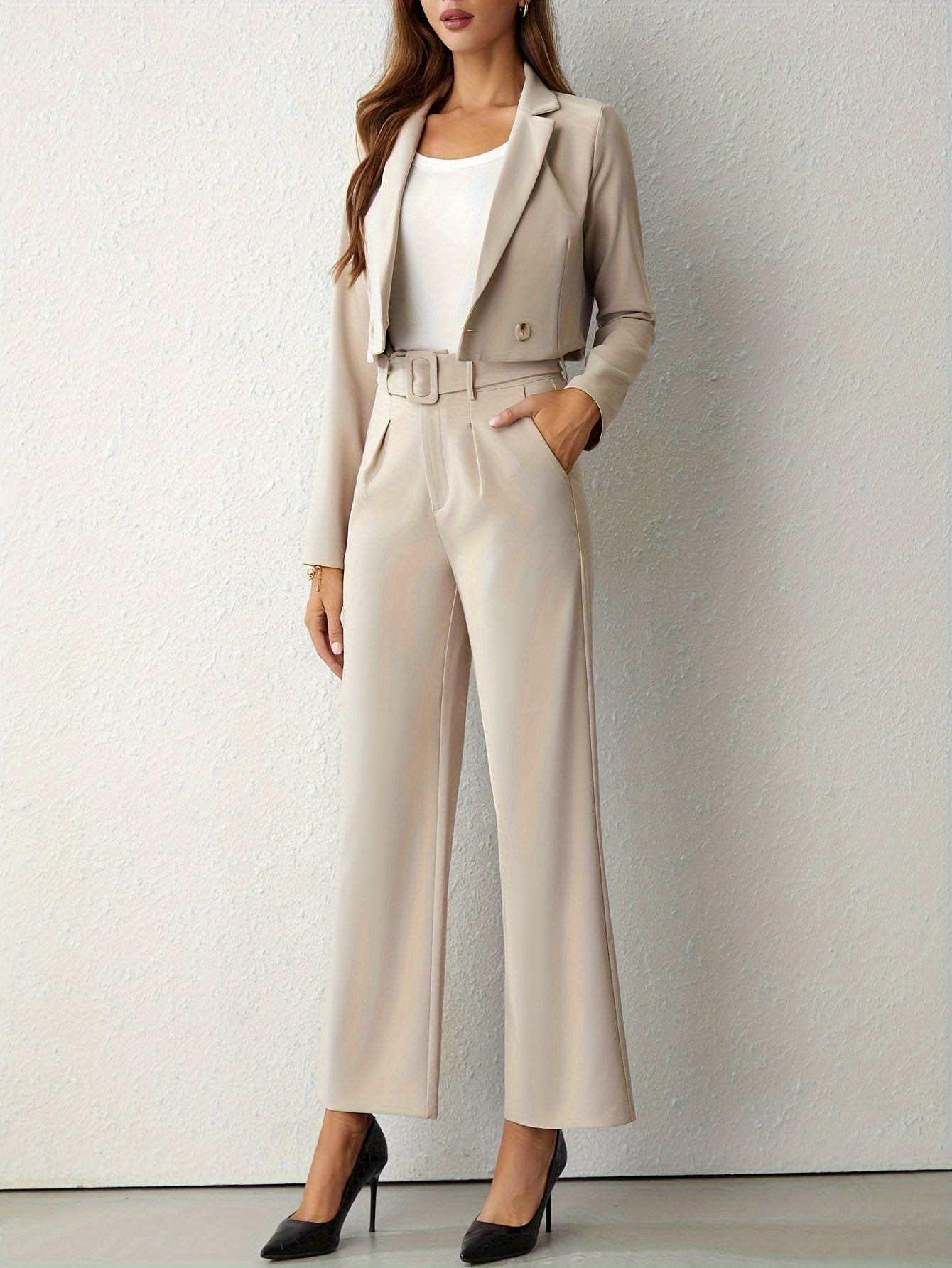 Elegant beige lapel blazer and straight leg trousers