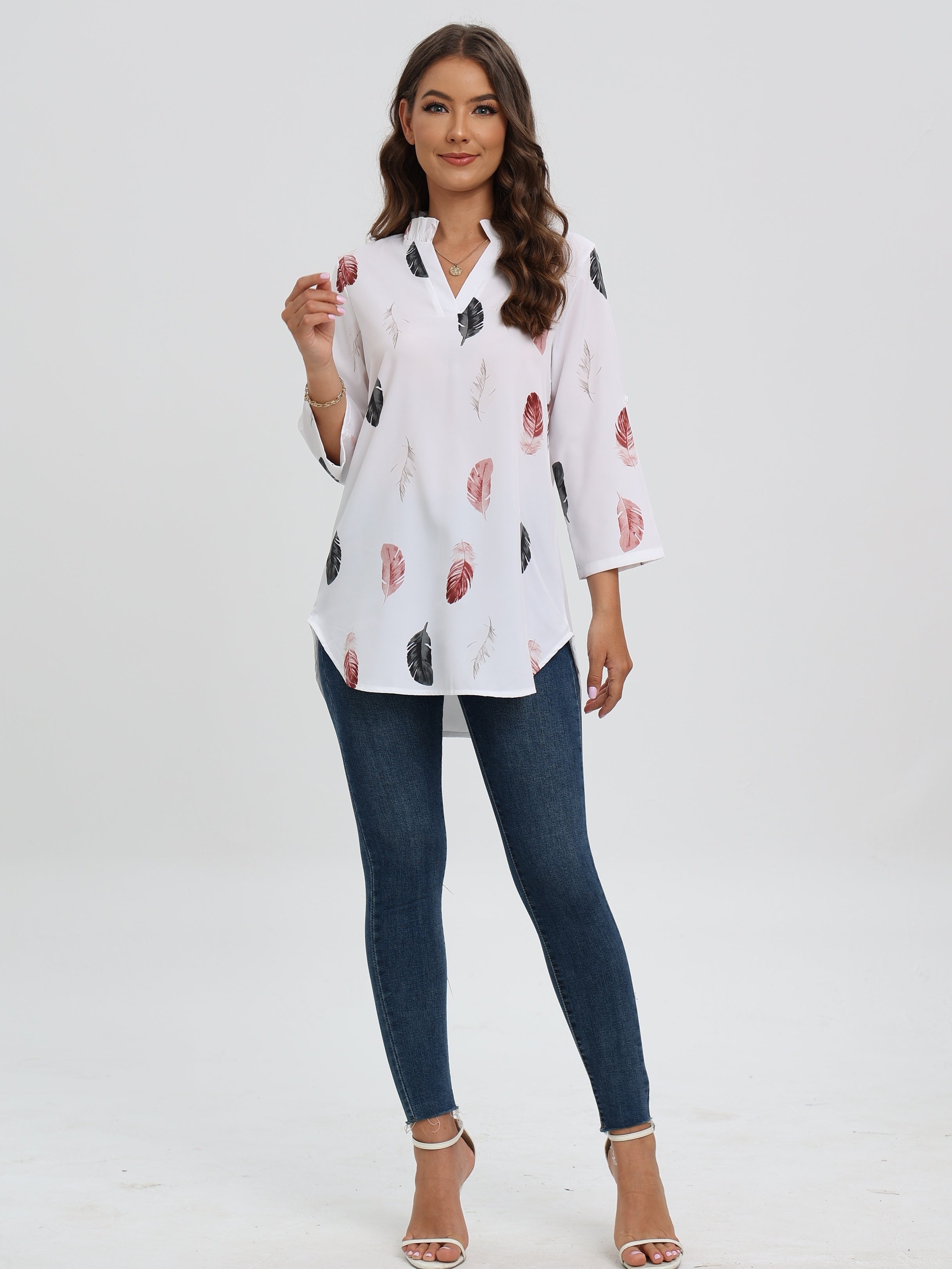 Blouse with notch neck and feather print