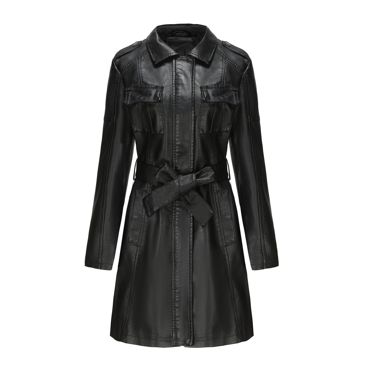 Long leather women's coat with belt