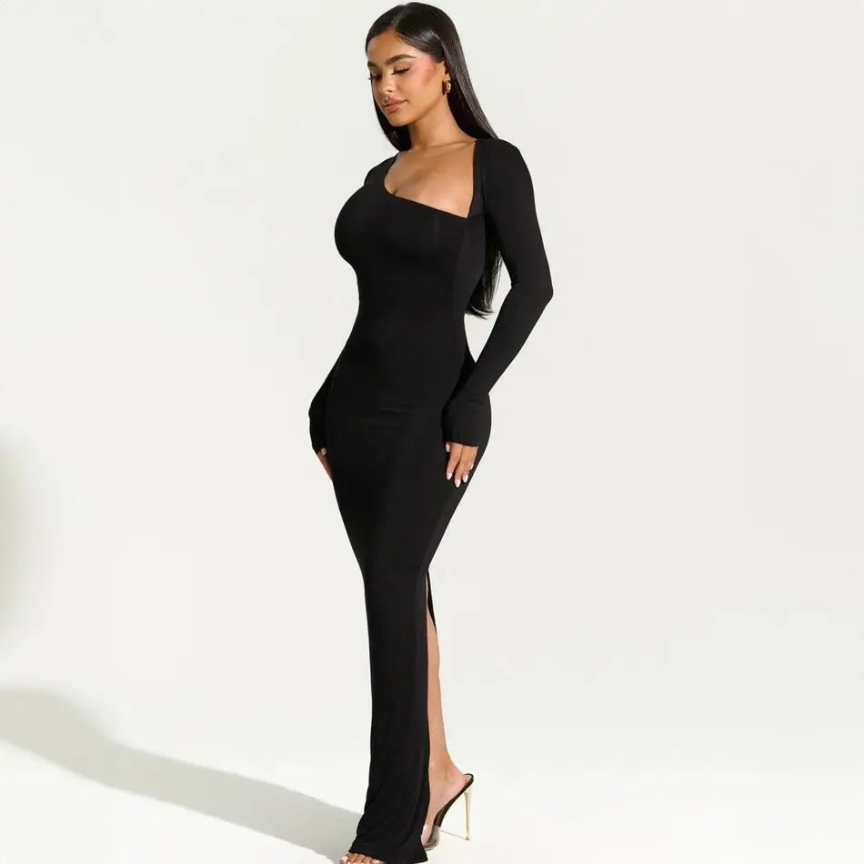 Slim black dress with long sleeves