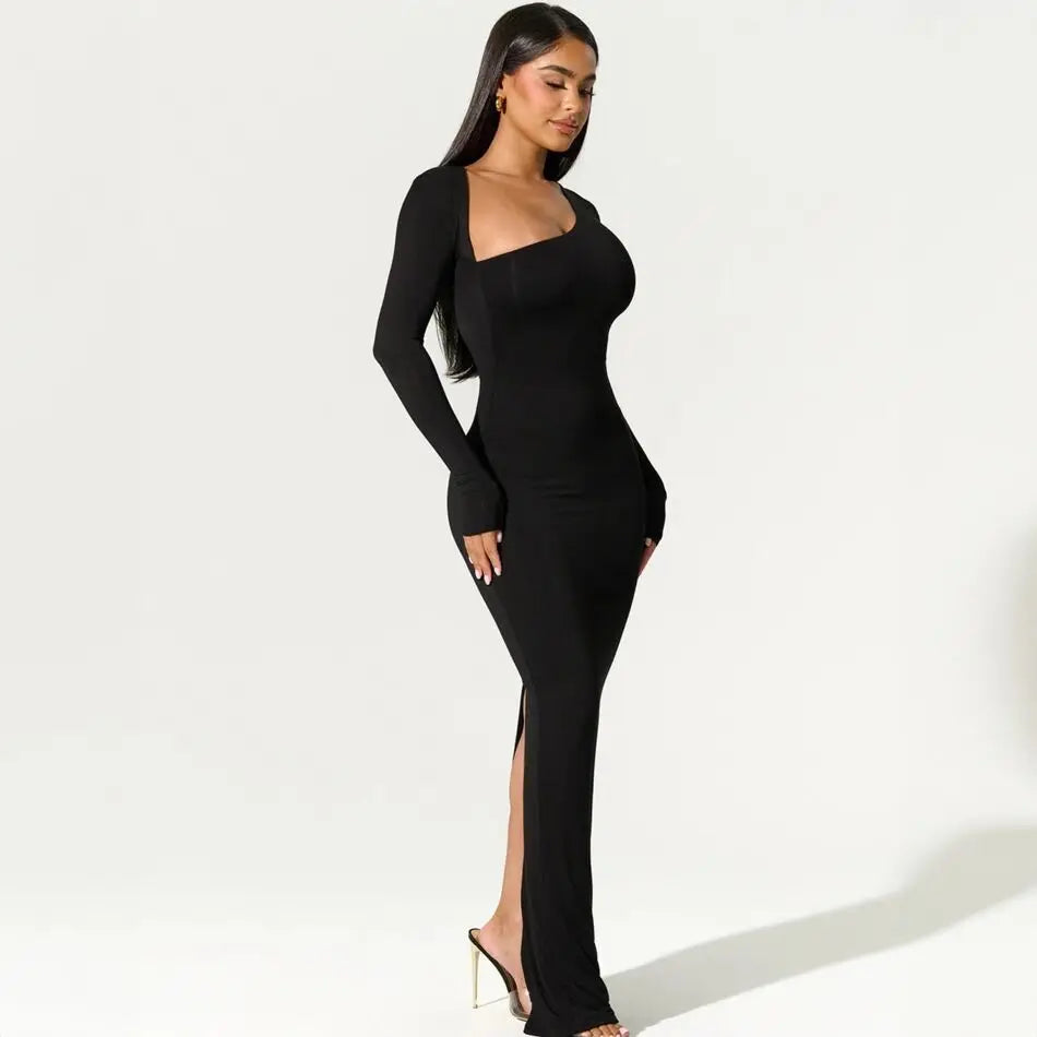 Slim black dress with long sleeves