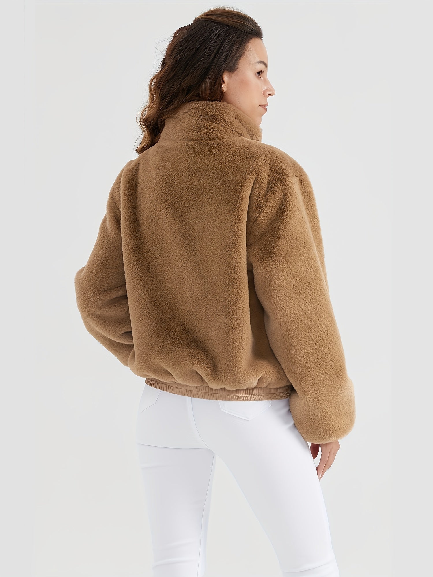 Faux fur jacket with stand-up collar