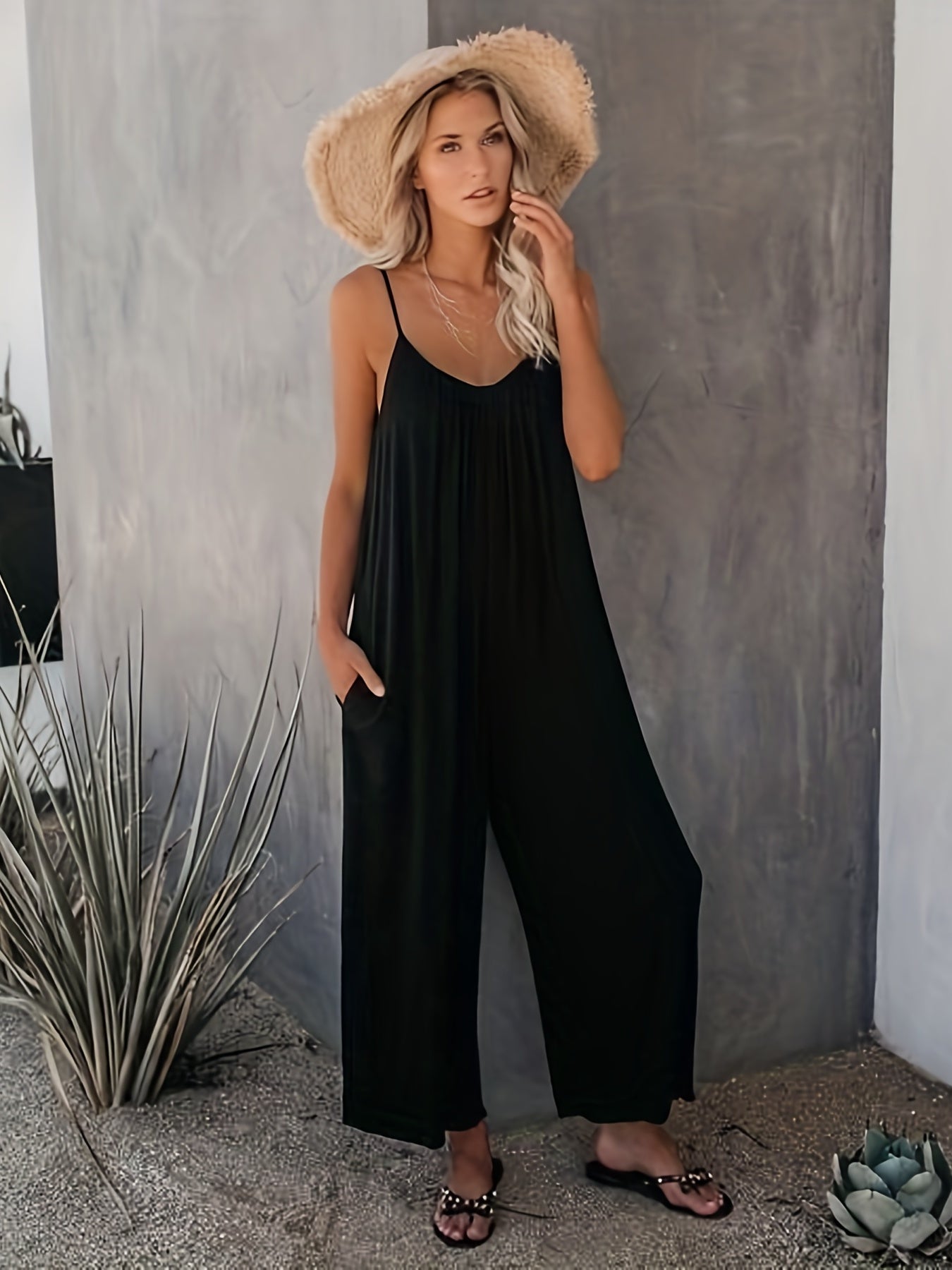 Jumpsuit with wide legs and spaghetti straps