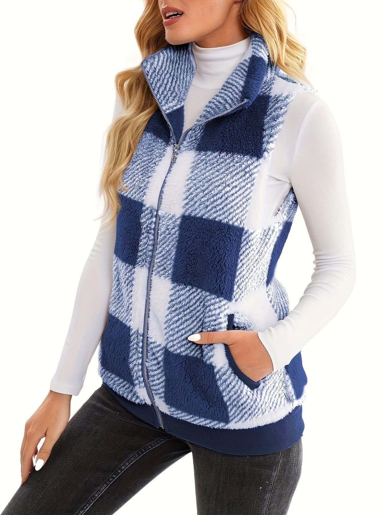 Checked teddy cardigan with stand-up collar