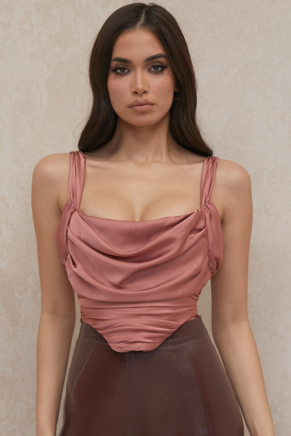 Rose satin draped corset with draped neckline