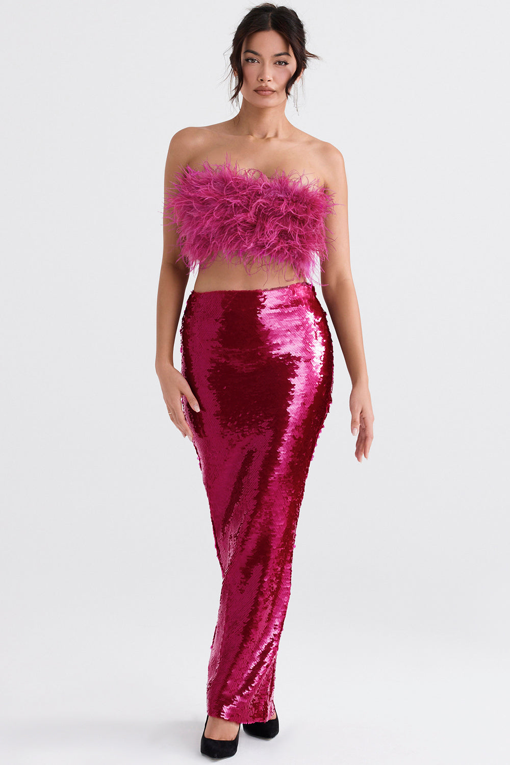 Bright pink bandeau with sequins and maxi skirt