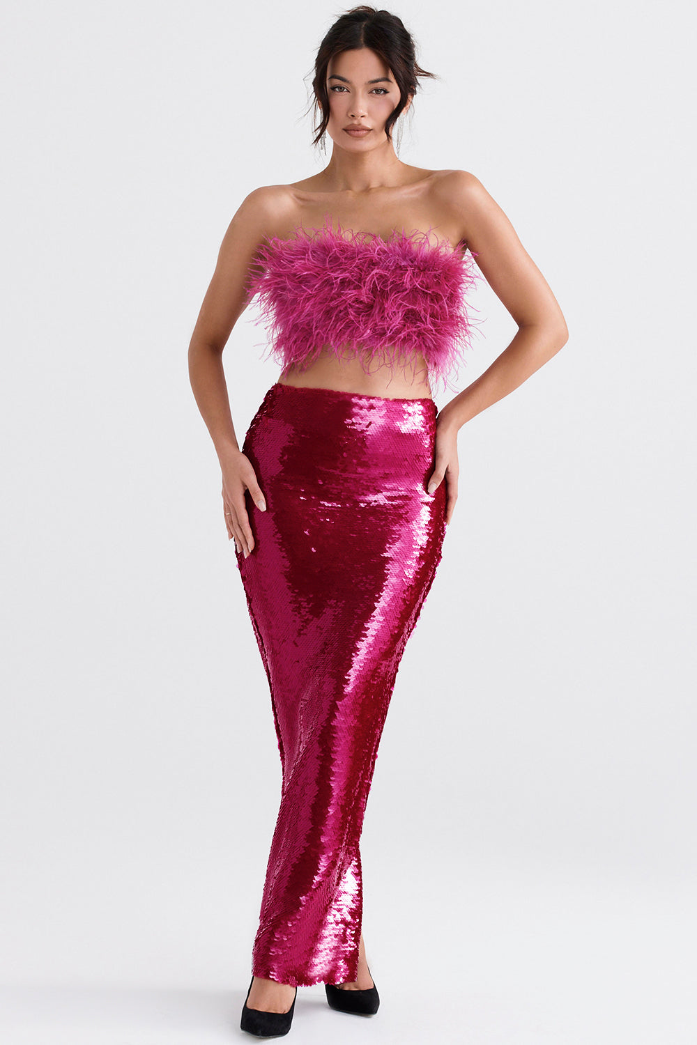 Bright pink bandeau with sequins and maxi skirt