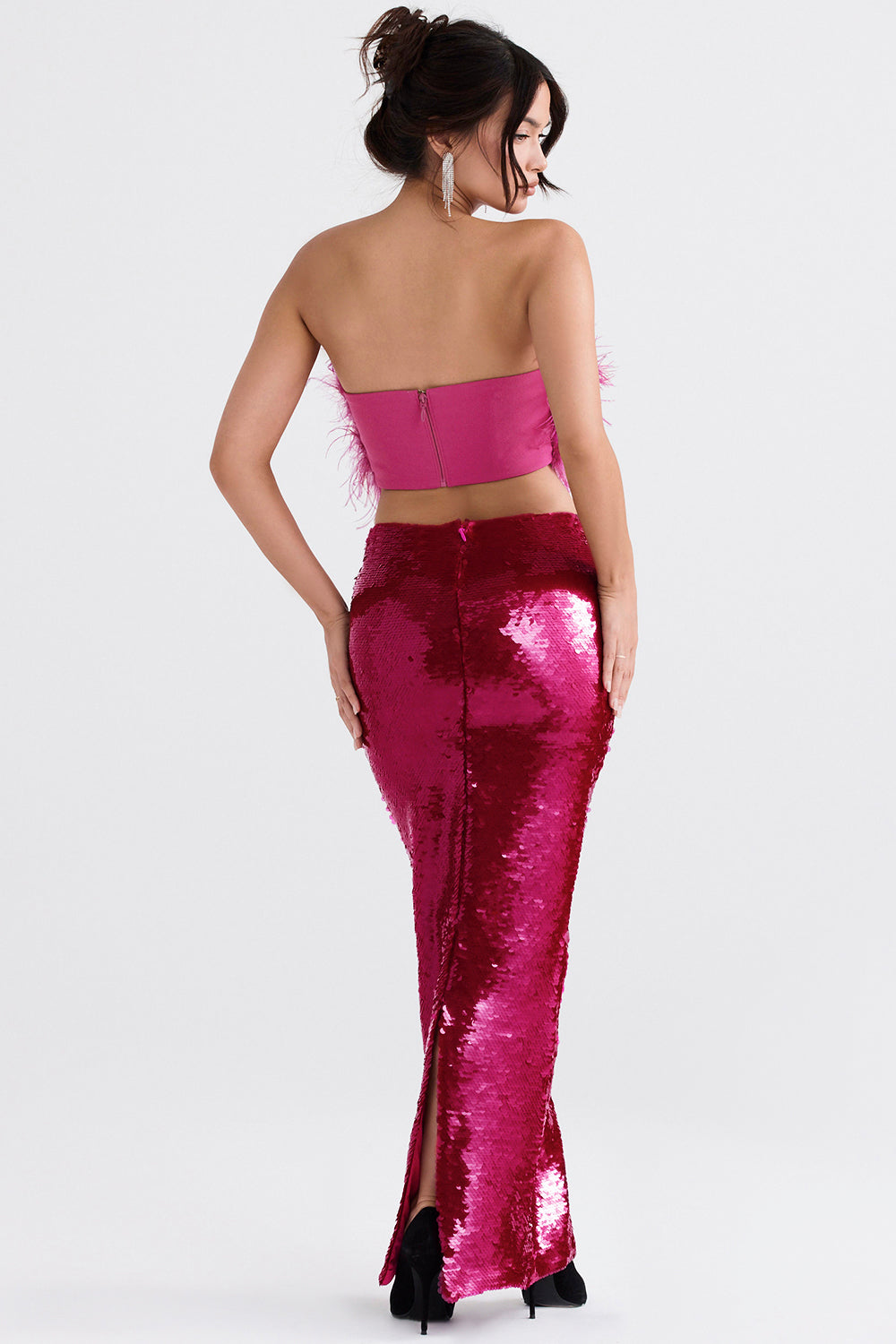 Bright pink bandeau with sequins and maxi skirt