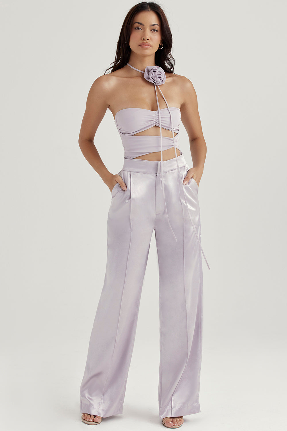 Gray body with floral trim and satin trousers