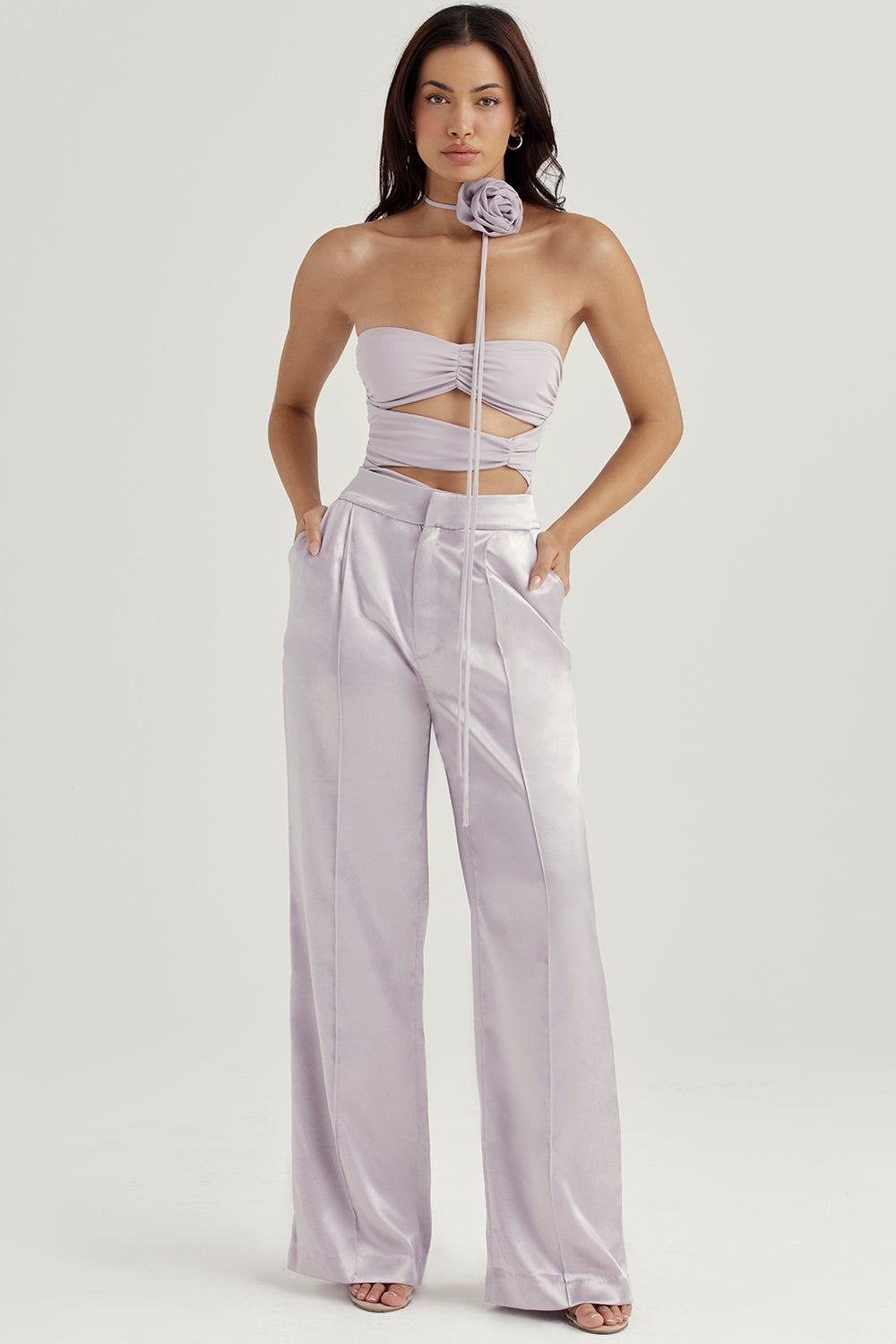 Gray body with floral trim and satin trousers