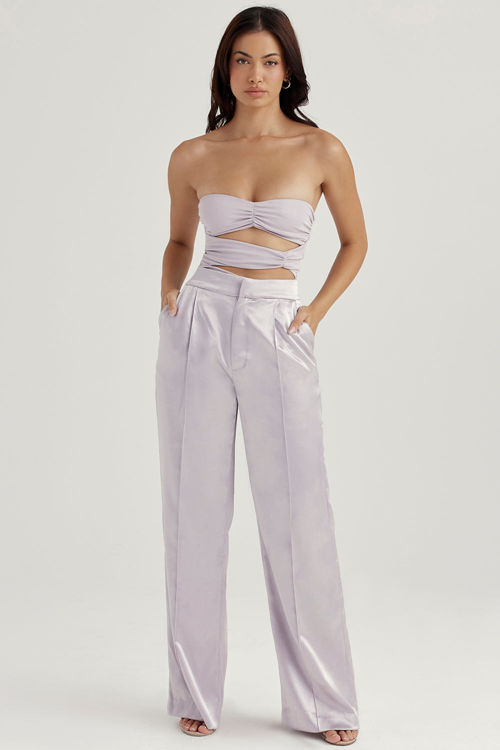 Gray body with floral trim and satin trousers