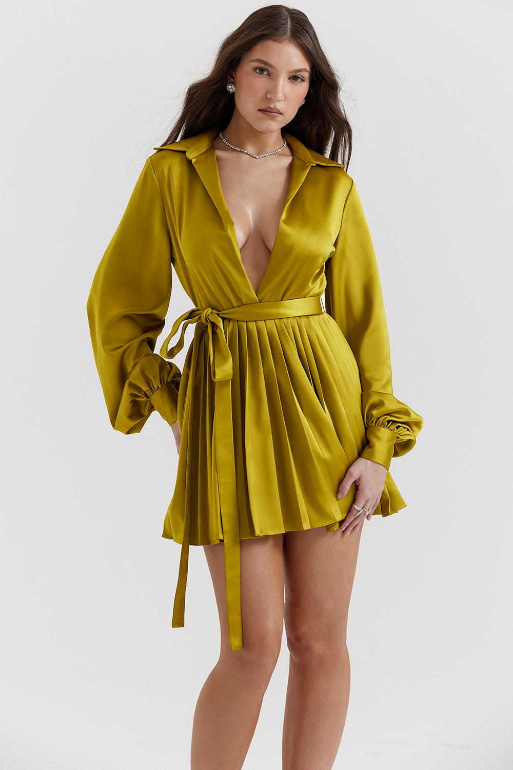 Chartreuse pleated shirt dress