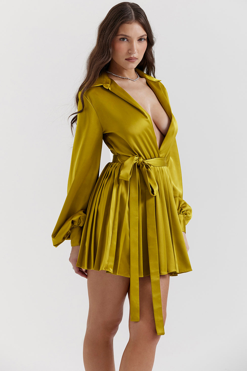 Chartreuse pleated shirt dress