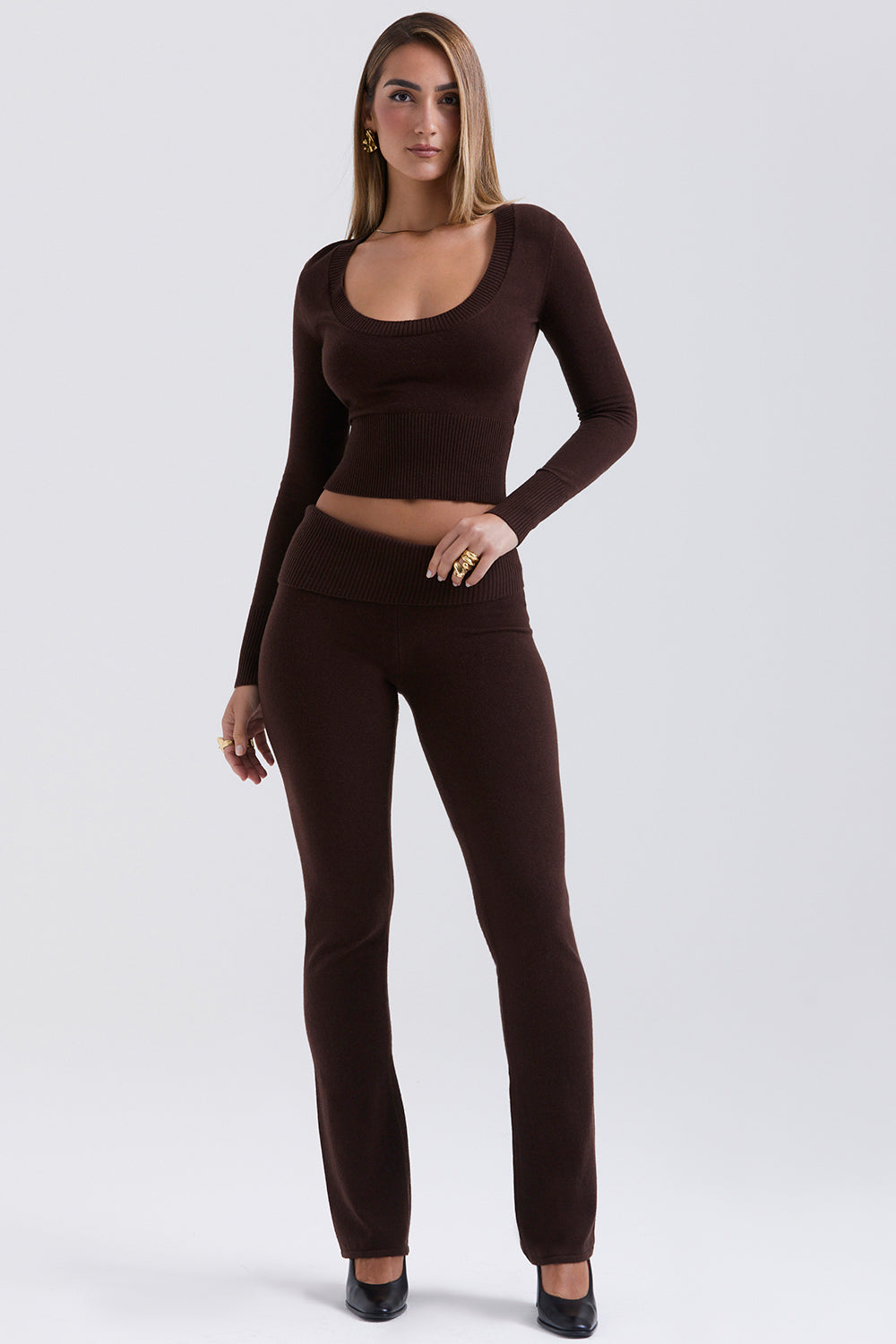 Round neck top and trousers in chocolate cashmere blend