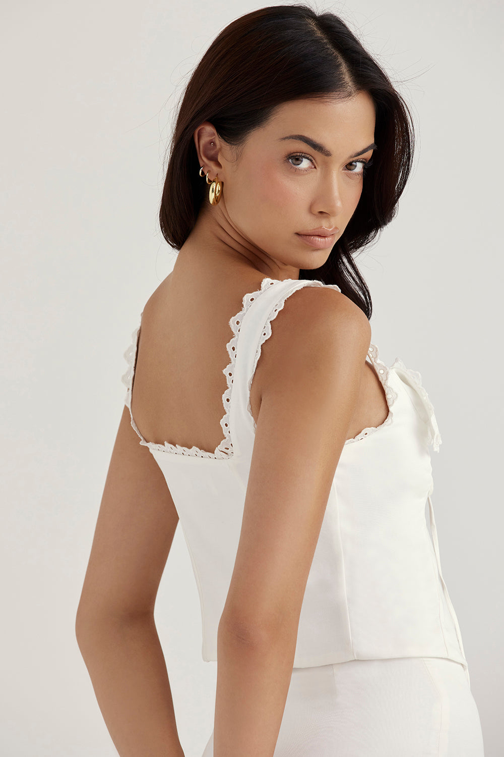 White lace top with linen A-line mini skirt