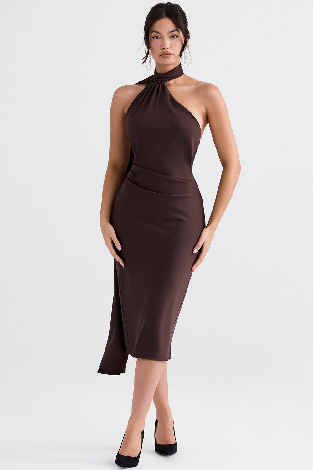 Midi dress with chocolate-colored wrap neck