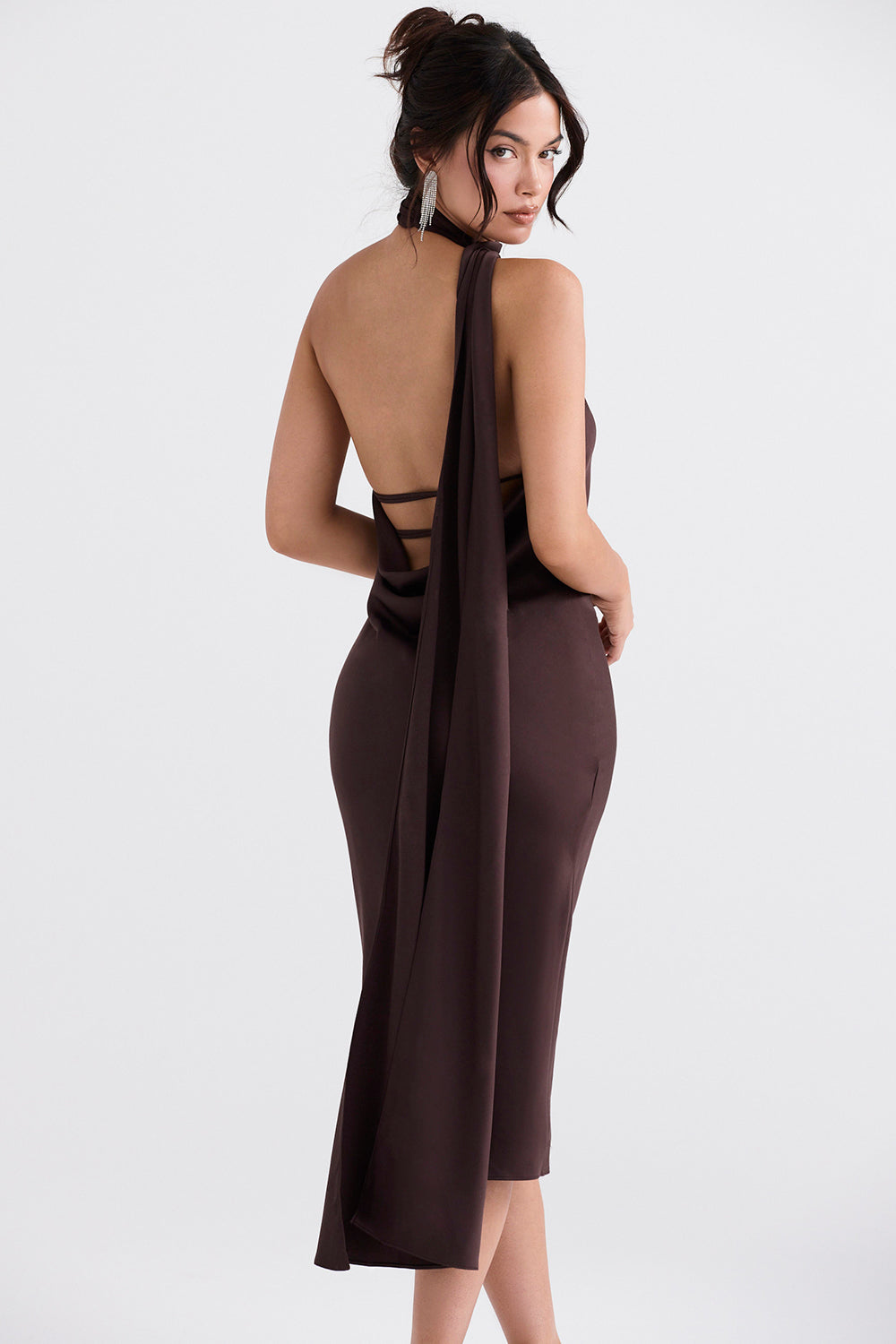 Midi dress with chocolate-colored wrap neck