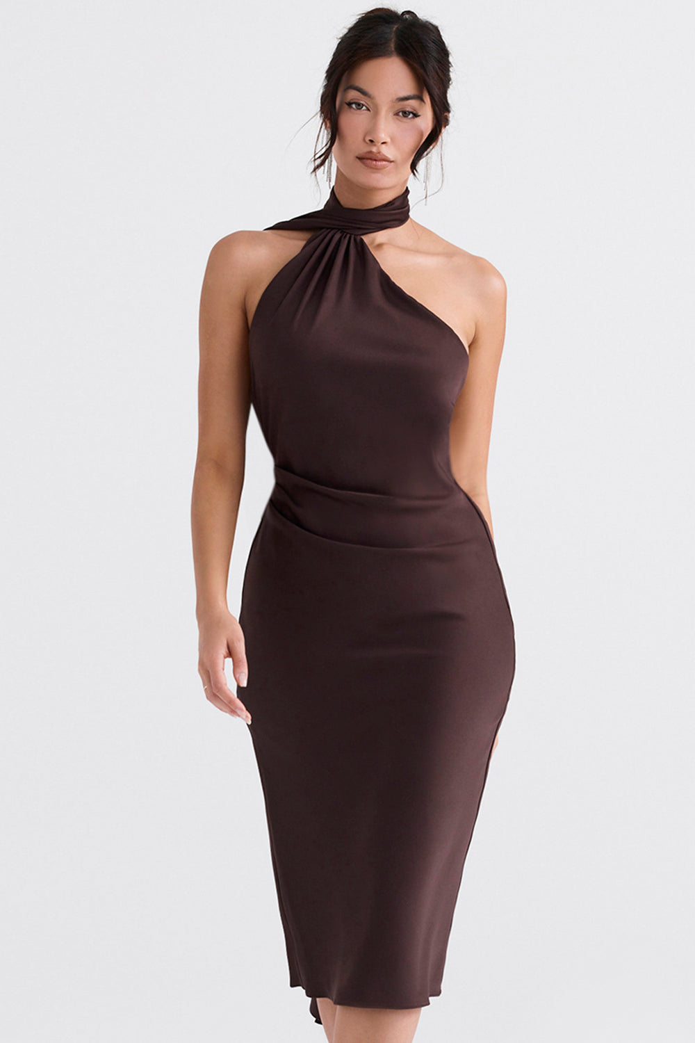 Midi dress with chocolate-colored wrap neck