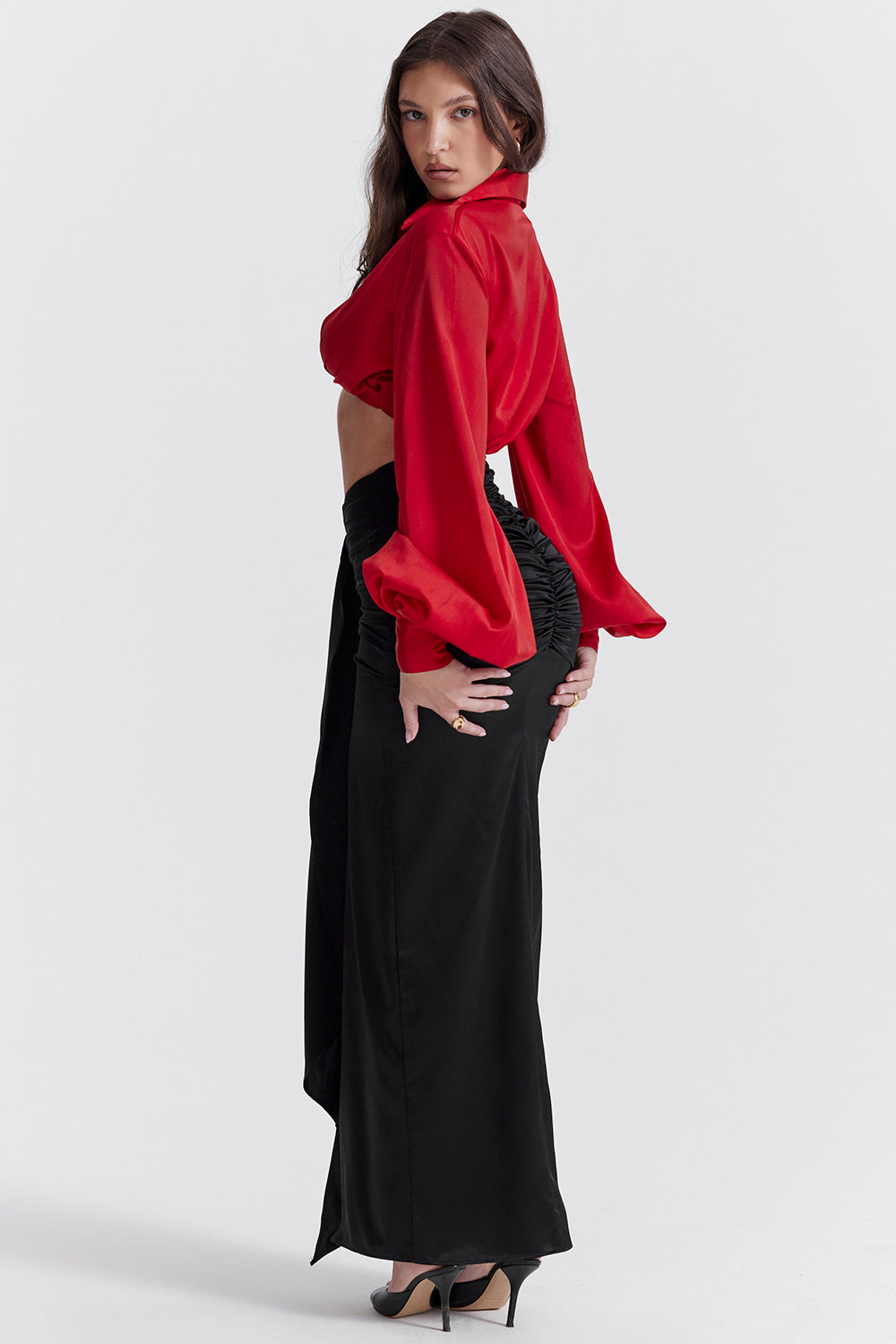 Cherry silk blouson top with draped silk maxi skirt